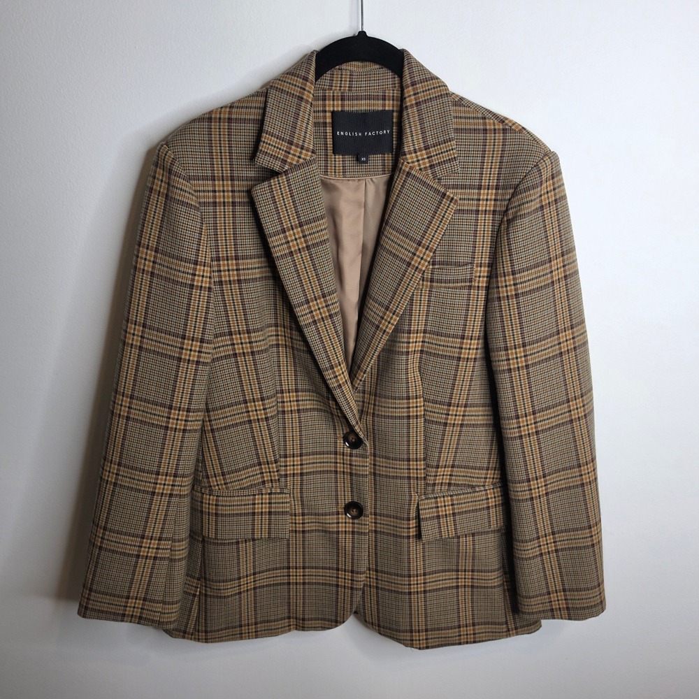 English Factory Plaid Blazer Women XS Brown Check Single Breasted Jacket